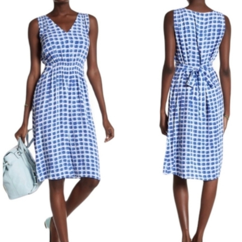 Kate Spade Blue White Island Stamp Tie Back Dress Brush Dot Print feminine Vacat